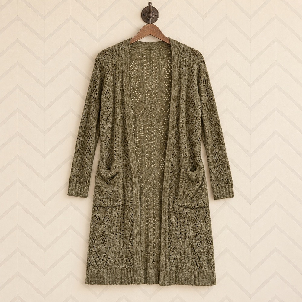 Knox Rose Cardigan Olive Green Pointelle Knit Open Front Duster Size M